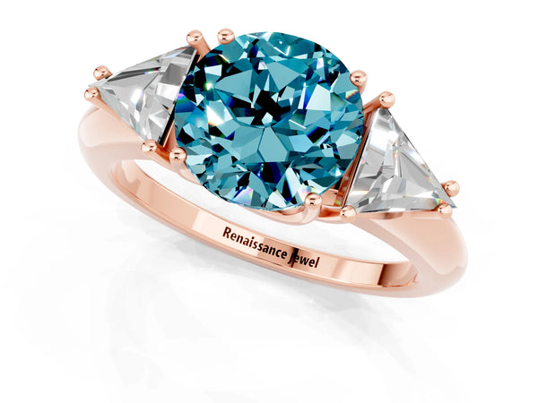 Rose gold Three-Stone Round Cut Cut Diamond Ring with Trillion Side Stones and Four-Prong Setting