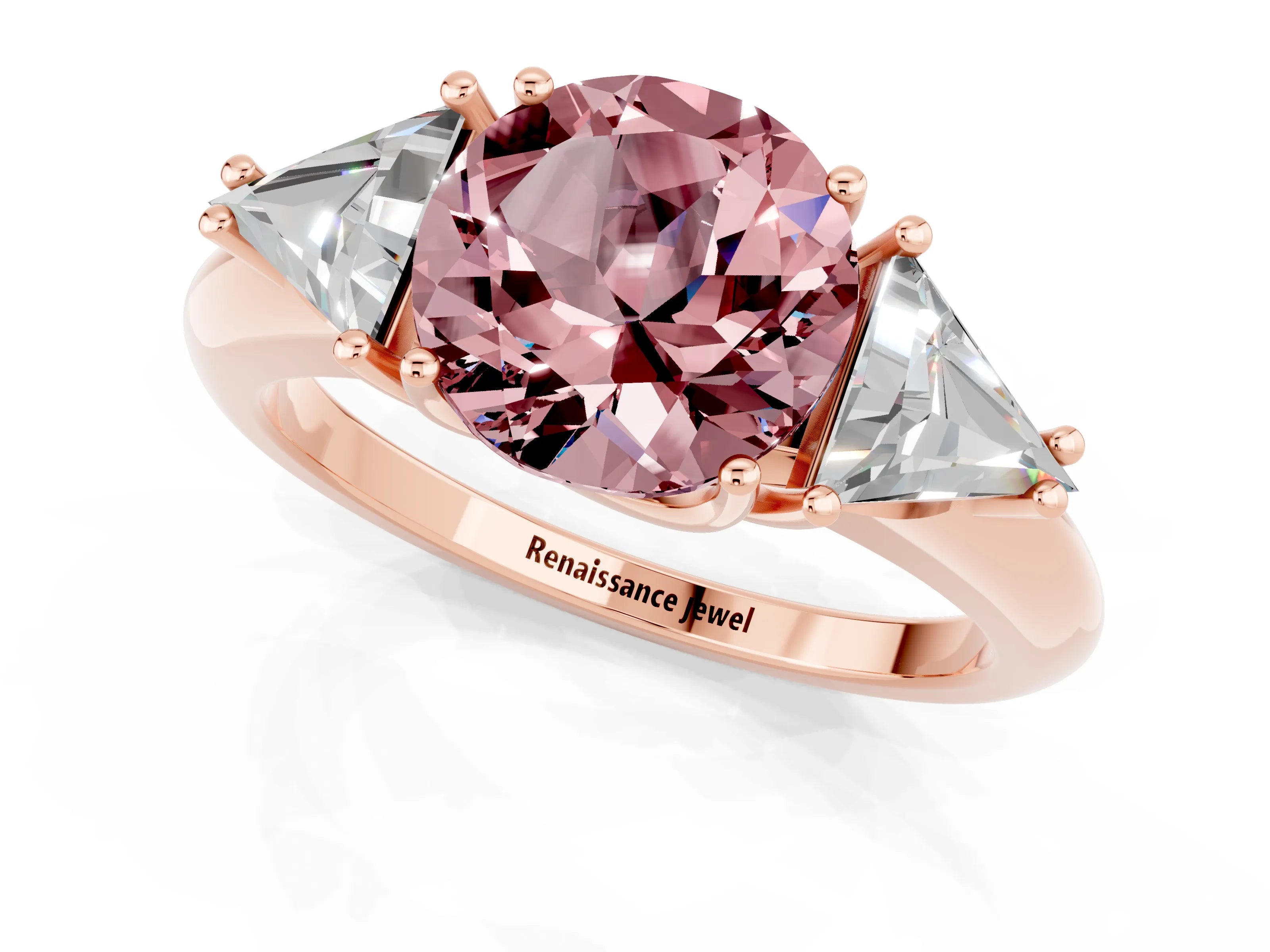 Rose gold Three-Stone Round Cut Cut Diamond Ring with Trillion Side Stones and Four-Prong Setting_1
