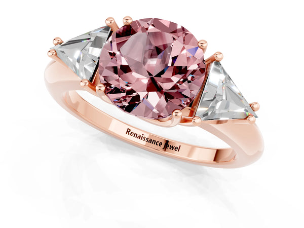 Rose gold Three-Stone Round Cut Cut Diamond Ring with Trillion Side Stones and Four-Prong Setting
