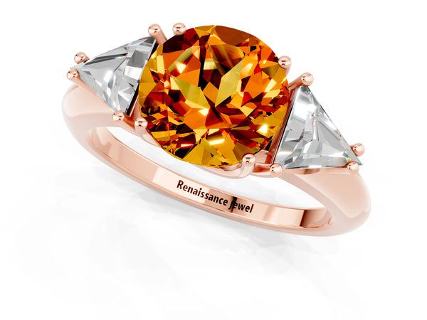 Rose gold Three-Stone Round Cut Citrine Engagement Ring with Trillion Side Stones and Prong Setting