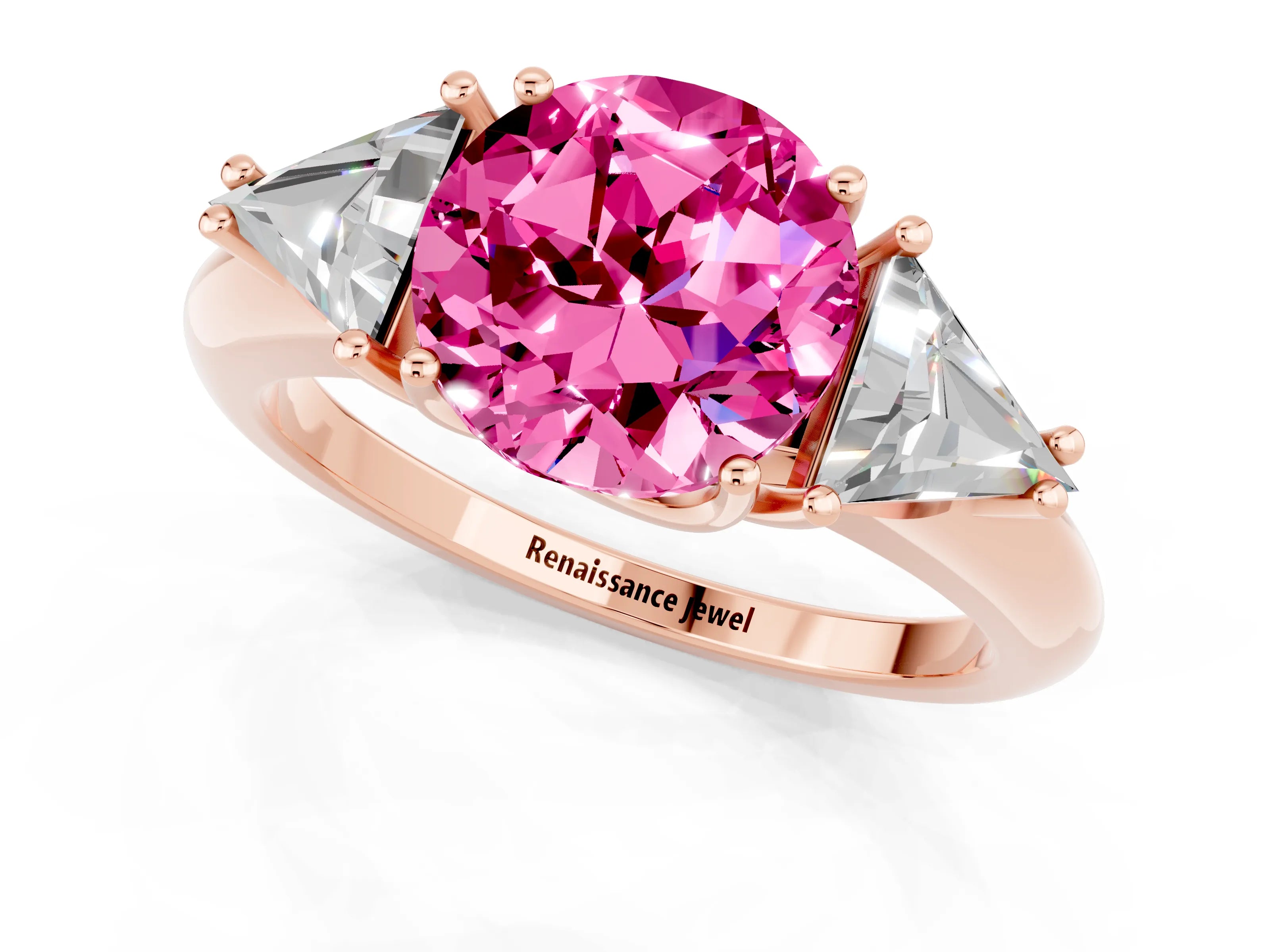Rose gold Three-Stone Round Cut Cut Diamond Ring with Trillion Side Stones and Four-Prong Setting_1