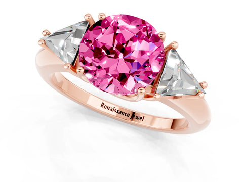 Rose gold Three-Stone Round Cut Cut Diamond Ring with Trillion Side Stones and Four-Prong Setting_1