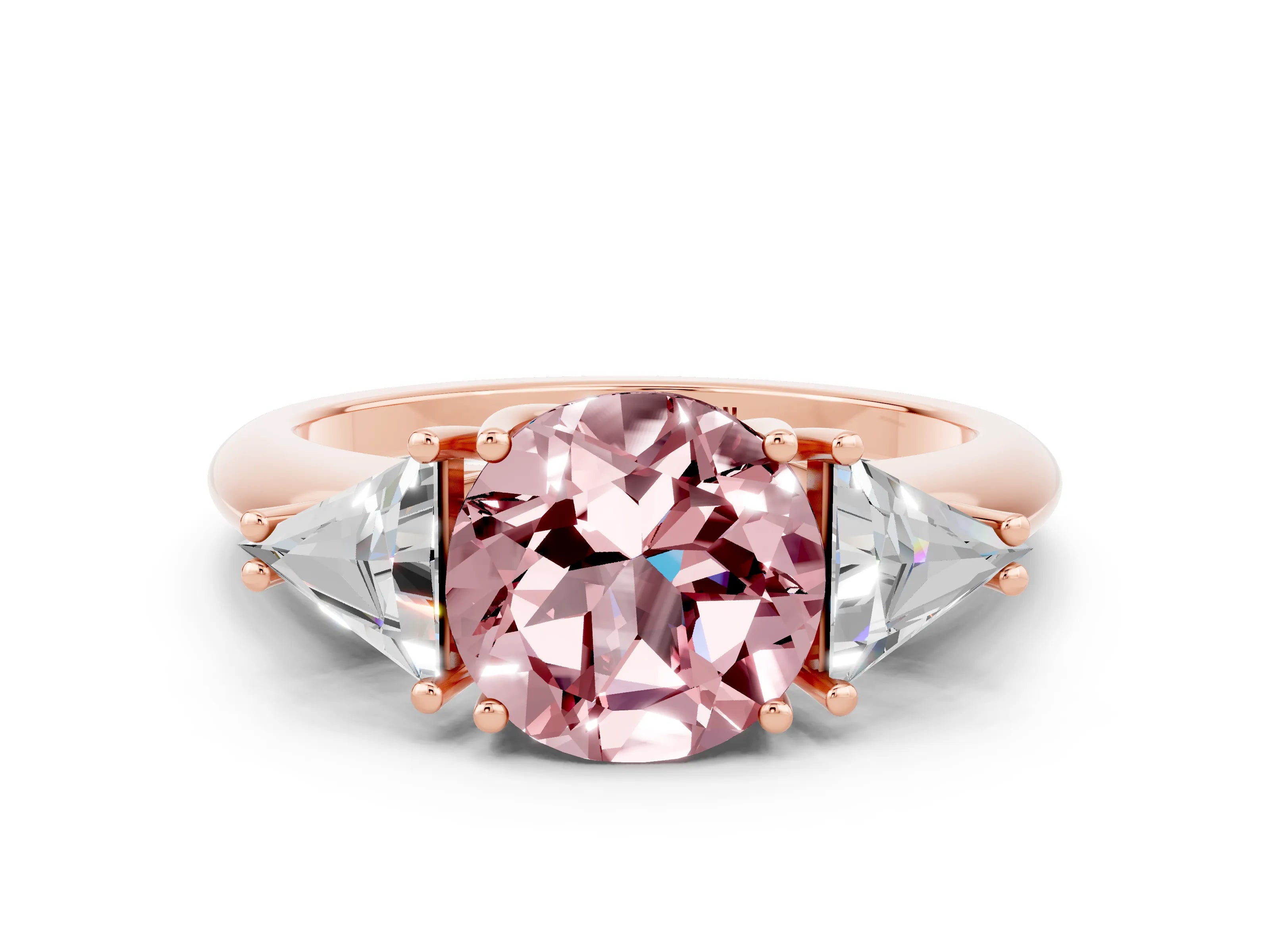 Rose gold Three-Stone Round Cut Cut Diamond Ring with Trillion Side Stones and Four-Prong Setting