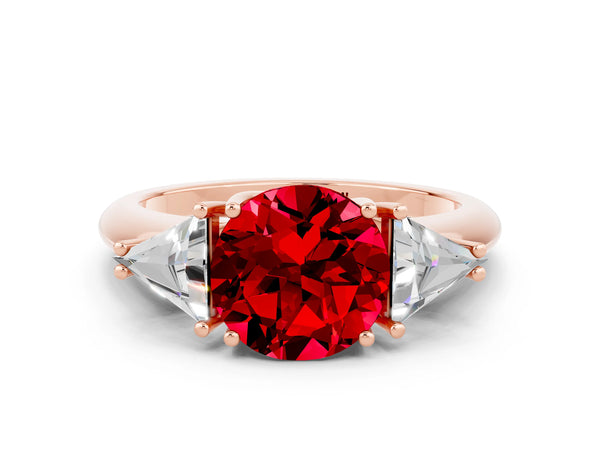 Rose gold Three-Stone Round Cut Ruby Engagement Ring with Trillion Side Stones and Prong Setting