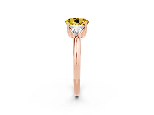 Rose gold Three-Stone Round Cut Yellow Sapphire Engagement Ring with Trillion Side Stones and Prong Setting