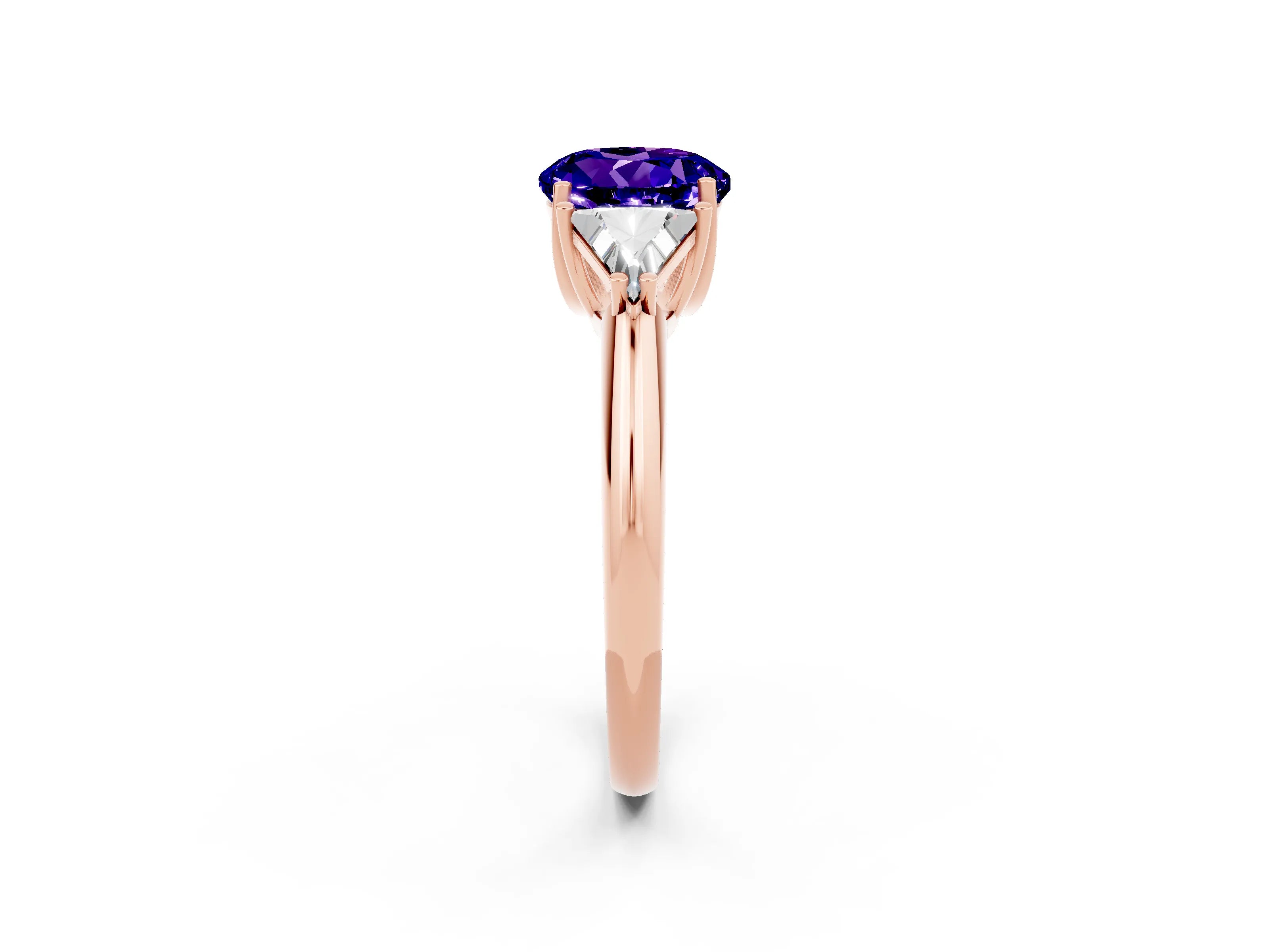 Rose gold Three-Stone Round Cut Cut Diamond Ring with Trillion Side Stones and Four-Prong Setting_2