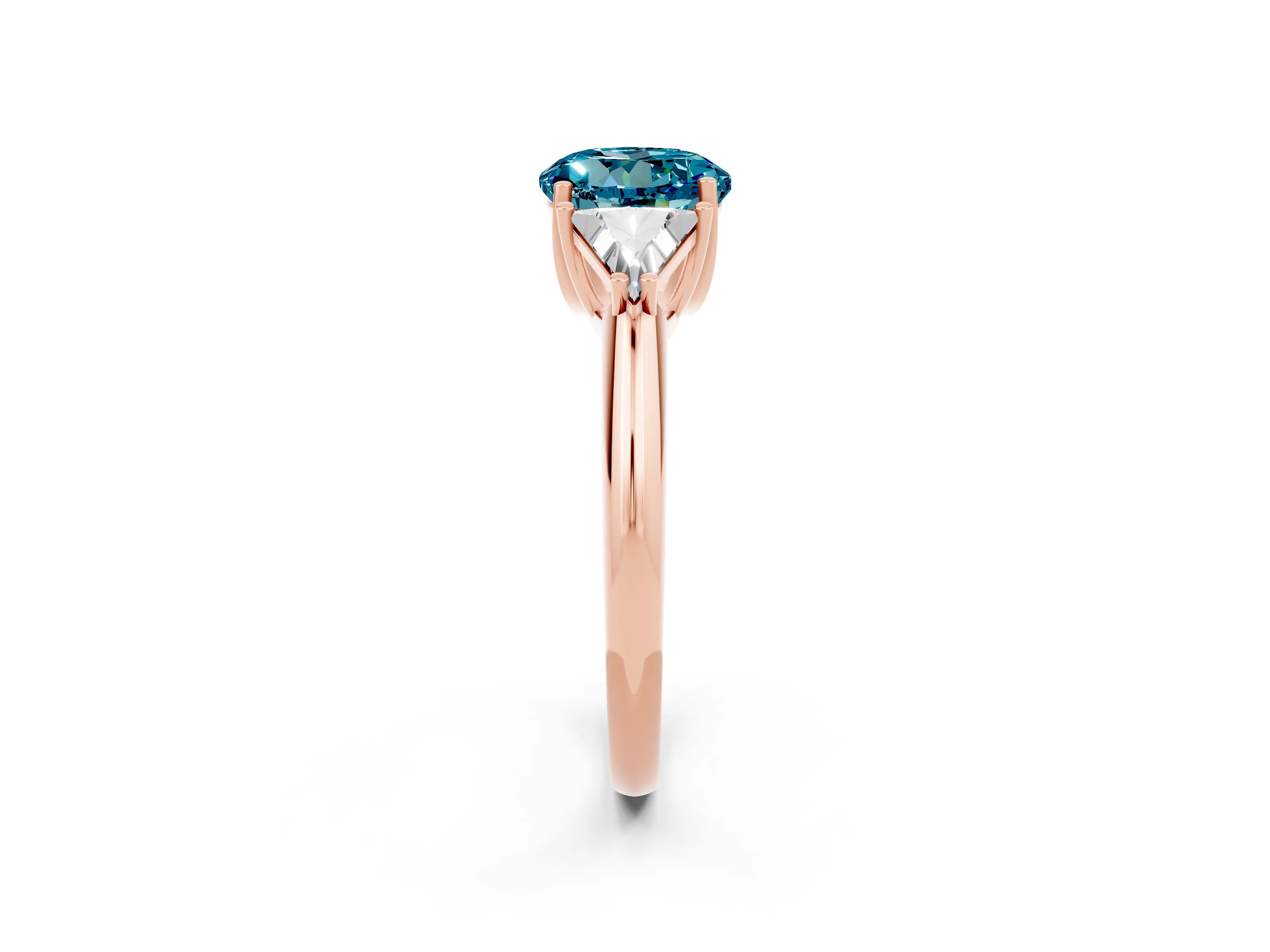 Rose gold Three-Stone Round Cut Cut Diamond Ring with Trillion Side Stones and Four-Prong Setting_2