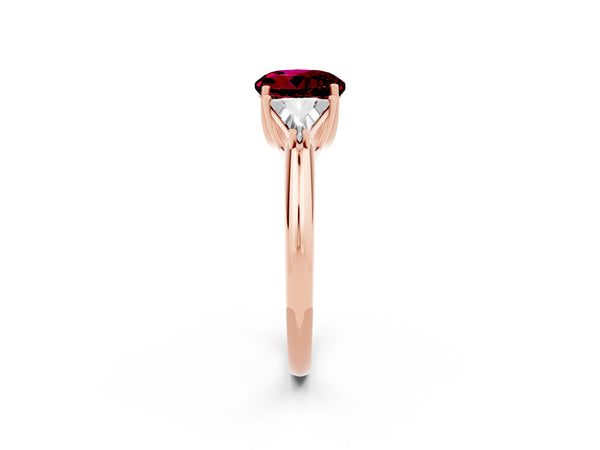 Rose gold Three-Stone Round Cut Garnet Engagement Ring with Trillion Side Stones and Prong Setting