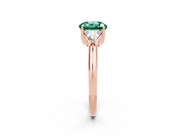 Rose gold Three-Stone Round Cut Green Sapphire Engagement Ring with Trillion Side Stones and Prong Setting