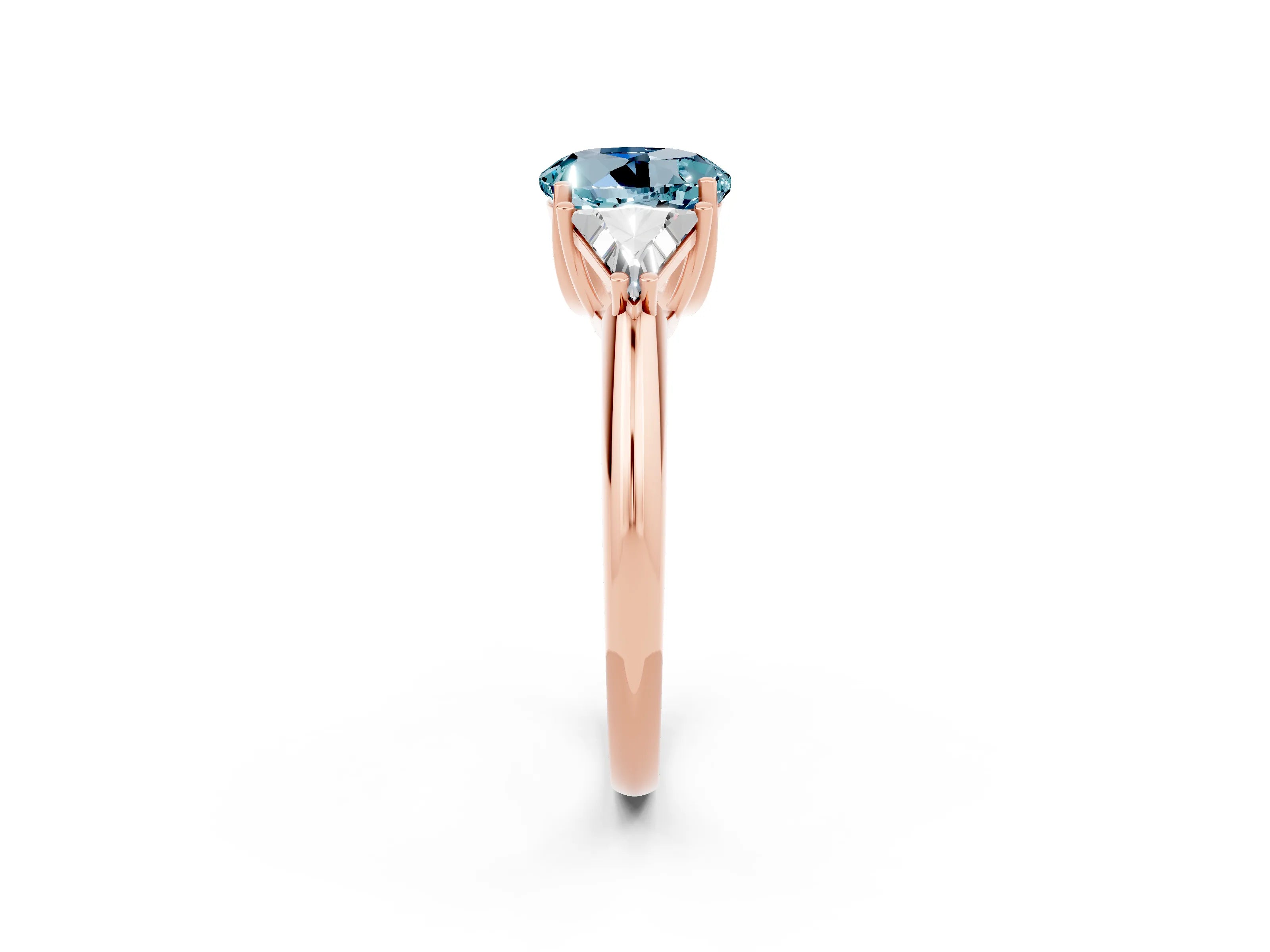 Rose gold Three-Stone Round Cut Cut Diamond Ring with Trillion Side Stones and Four-Prong Setting_2
