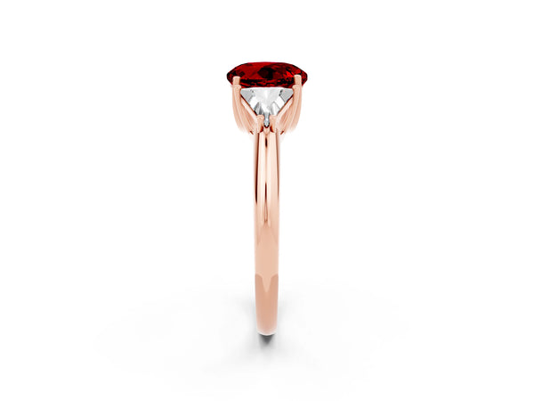 Rose gold Three-Stone Round Cut Ruby Engagement Ring with Trillion Side Stones and Prong Setting