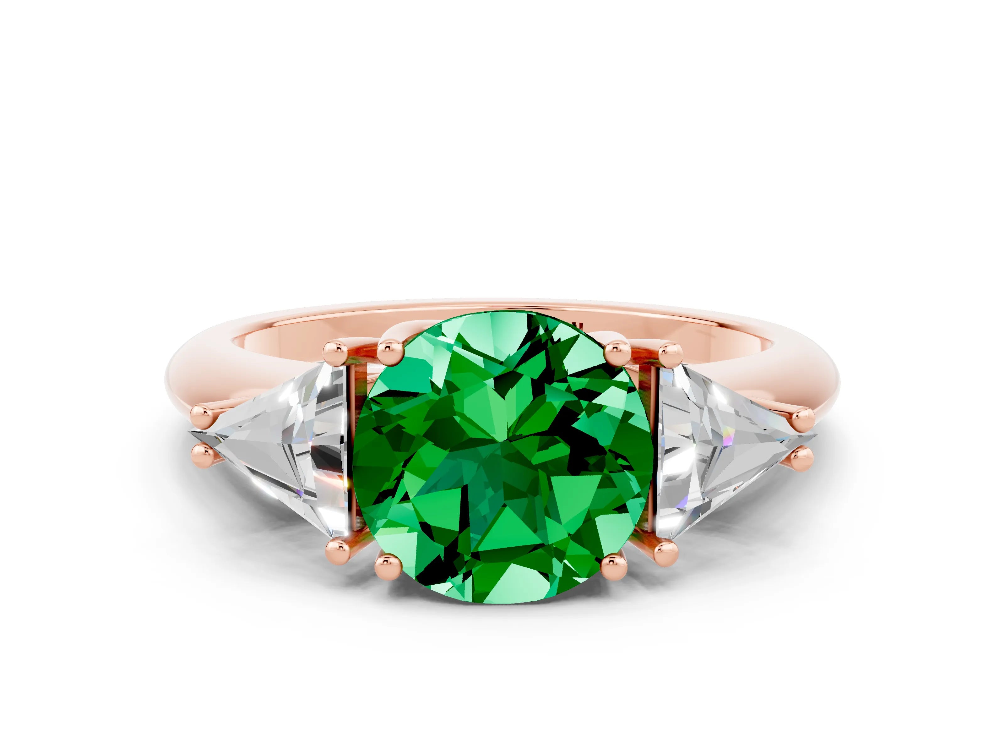 Rose gold Three-Stone Round Cut Cut Diamond Ring with Trillion Side Stones and Four-Prong Setting