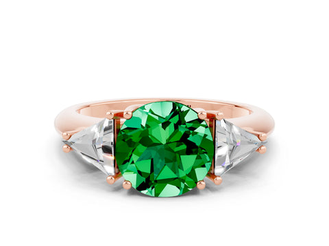 Rose gold Three-Stone Round Cut Cut Diamond Ring with Trillion Side Stones and Four-Prong Setting