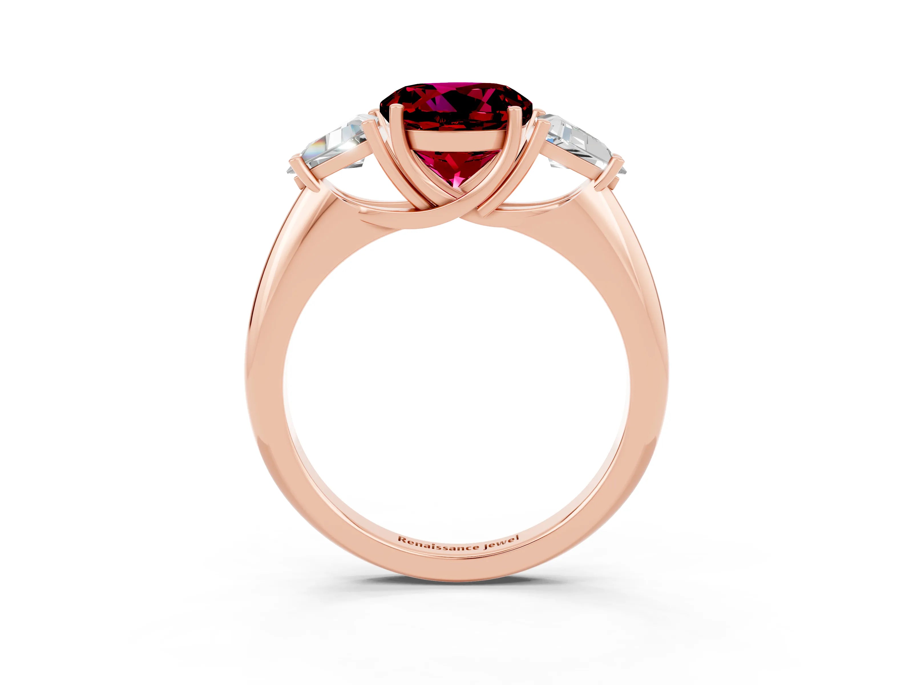 Rose gold Three-Stone Round Cut Cut Diamond Ring with Trillion Side Stones and Four-Prong Setting_3