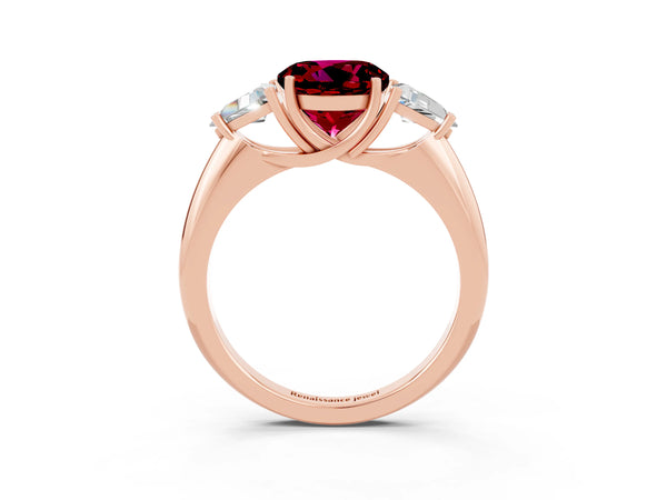 Rose gold Three-Stone Round Cut Garnet Engagement Ring with Trillion Side Stones and Prong Setting