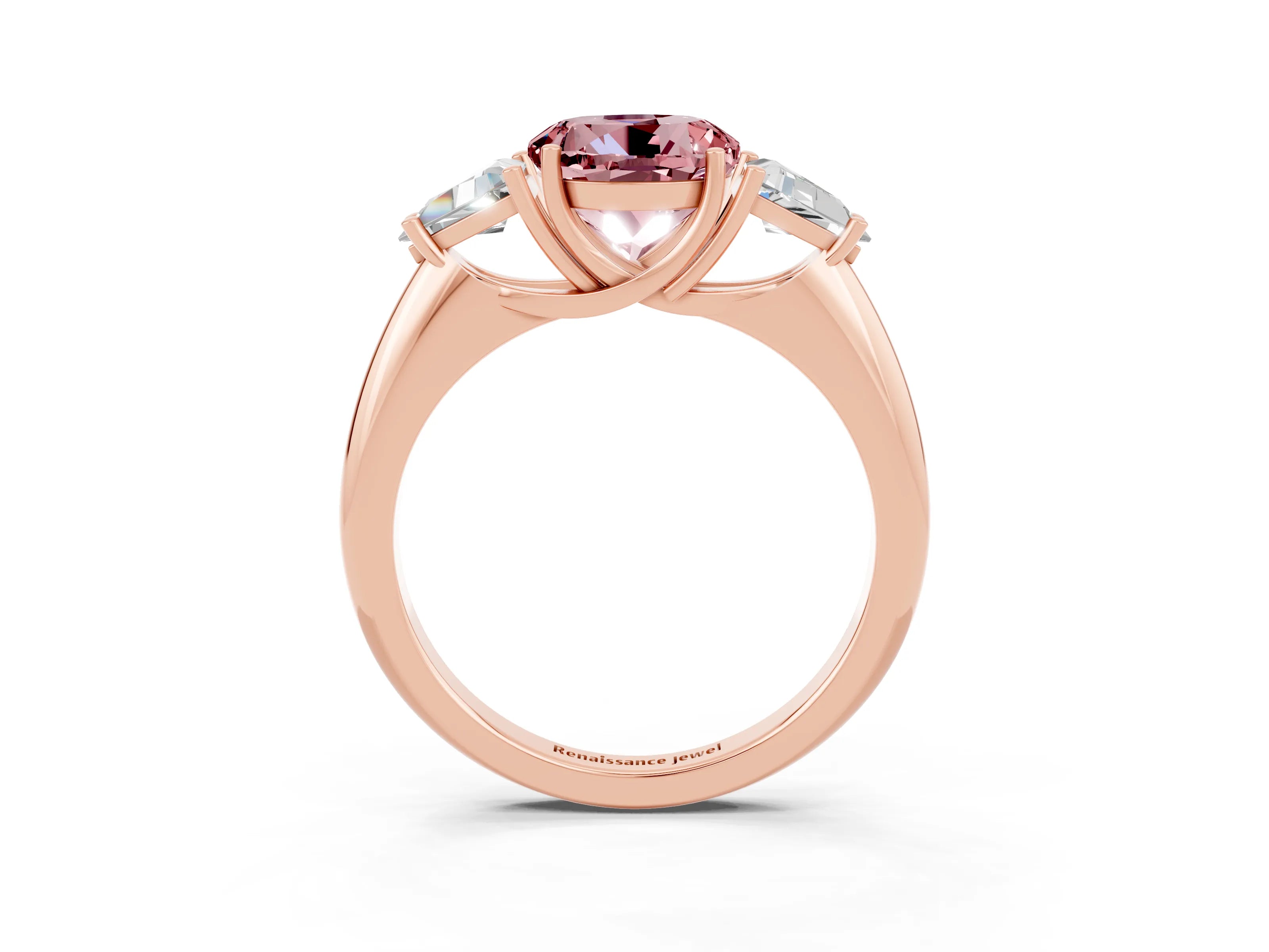 Rose gold Three-Stone Round Cut Cut Diamond Ring with Trillion Side Stones and Four-Prong Setting_3