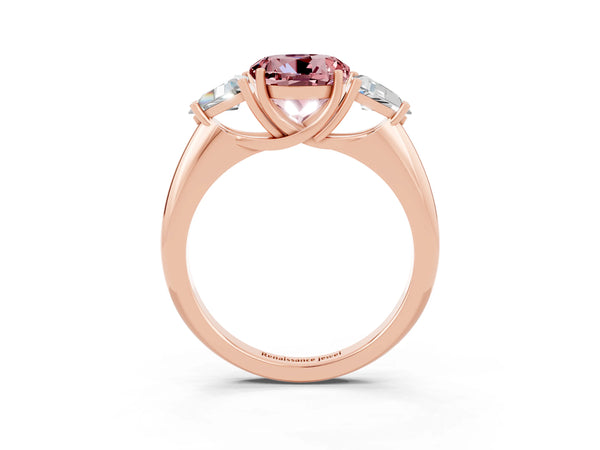 Rose gold Three-Stone Round Cut Cut Diamond Ring with Trillion Side Stones and Four-Prong Setting