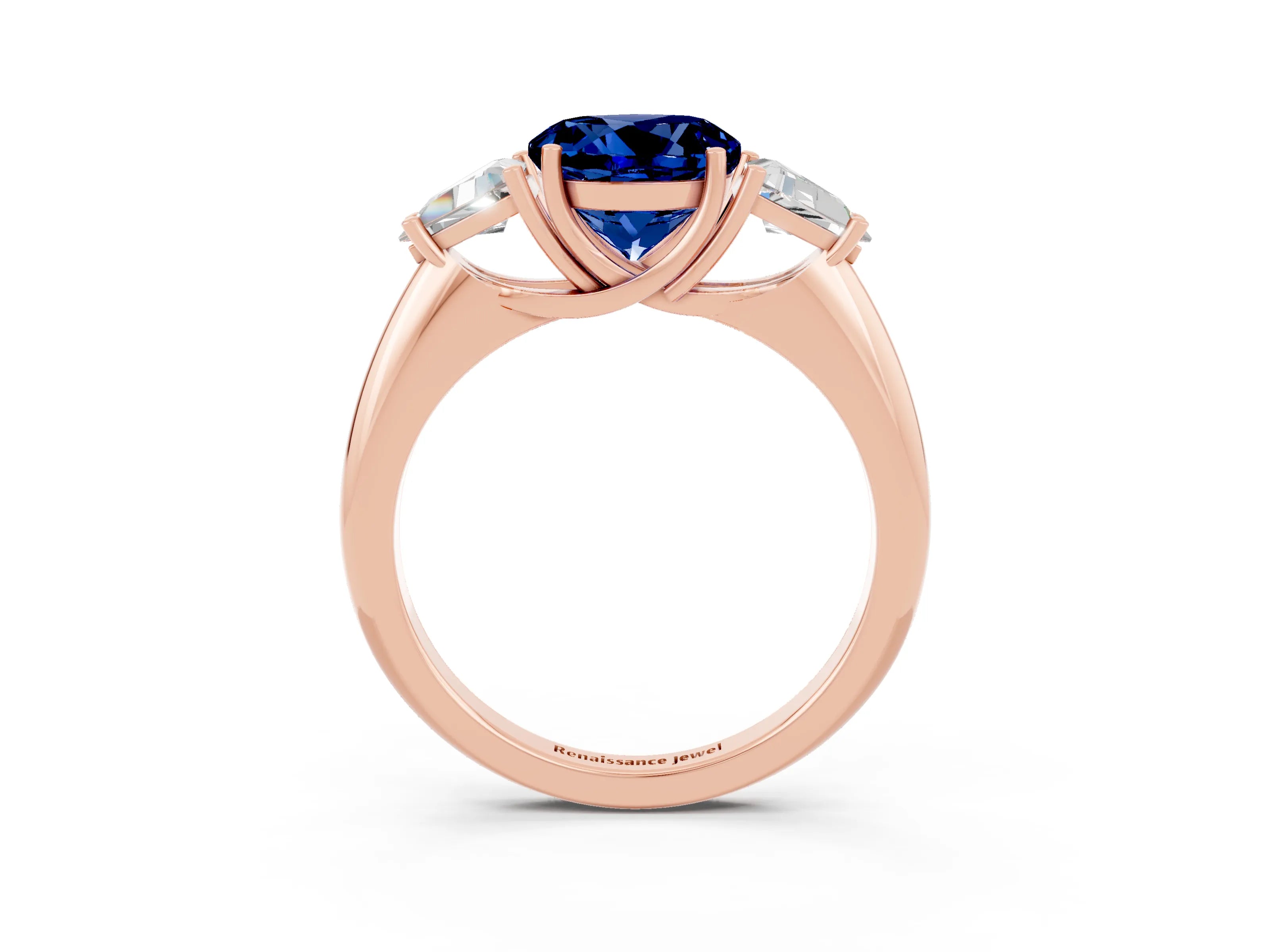 Rose gold Three-Stone Round Cut Cut Diamond Ring with Trillion Side Stones and Four-Prong Setting_3
