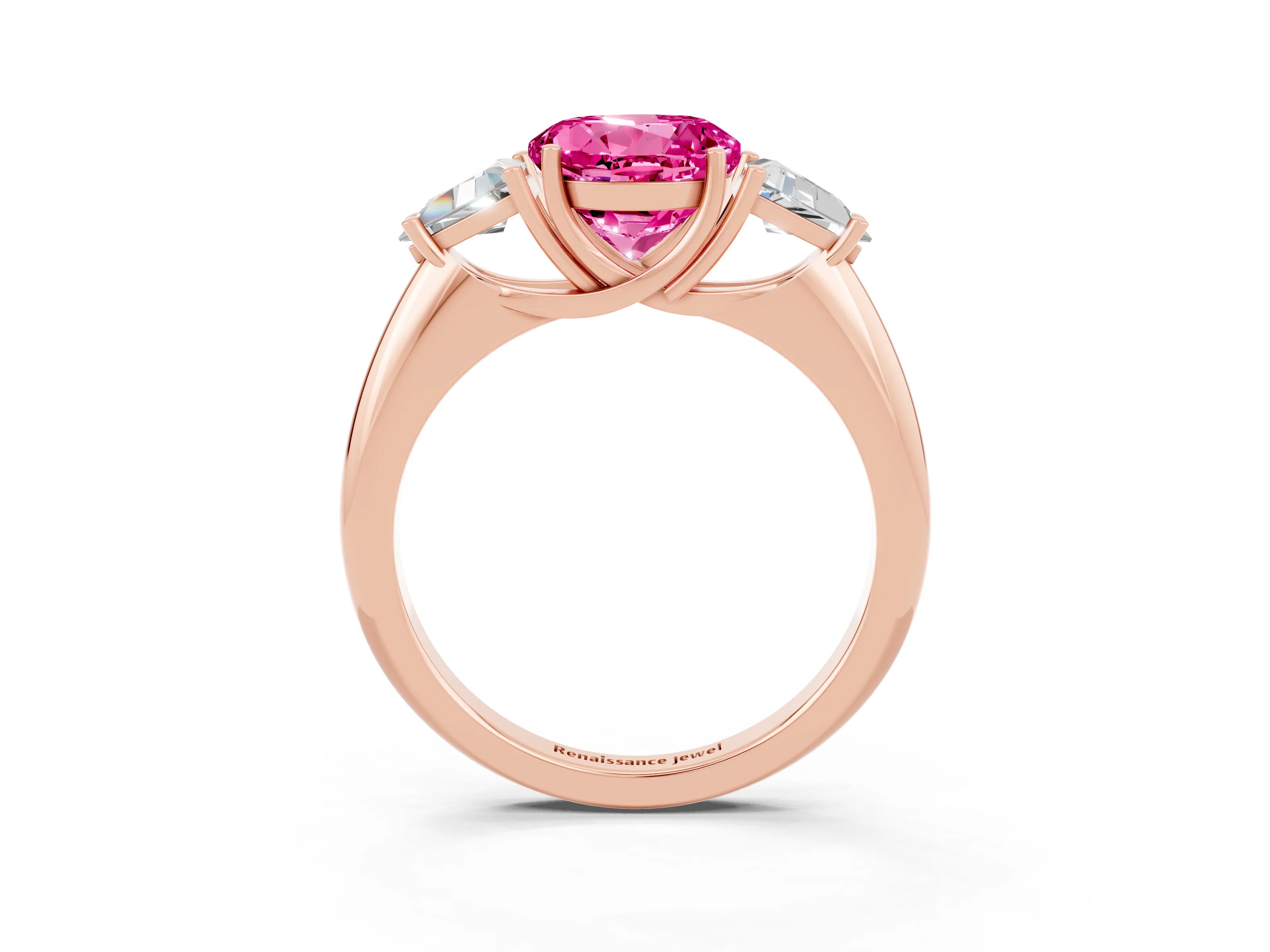Rose gold Three-Stone Round Cut Cut Diamond Ring with Trillion Side Stones and Four-Prong Setting_3