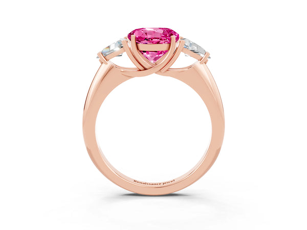 Rose gold Three-Stone Round Cut Cut Diamond Ring with Trillion Side Stones and Four-Prong Setting