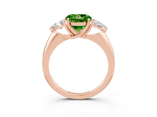 Rose gold Three-Stone Round Cut Cut Diamond Ring with Trillion Side Stones and Four-Prong Setting