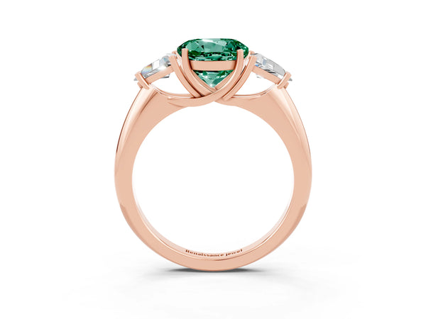 Rose gold Three-Stone Round Cut Green Sapphire Engagement Ring with Trillion Side Stones and Prong Setting
