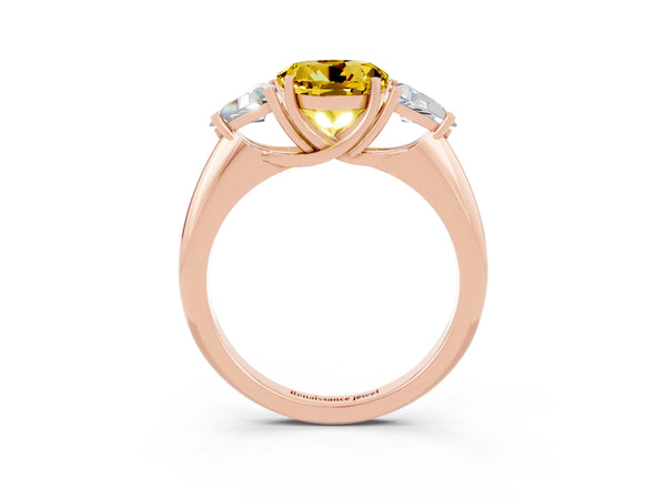 Rose gold Three-Stone Round Cut Yellow Sapphire Engagement Ring with Trillion Side Stones and Prong Setting