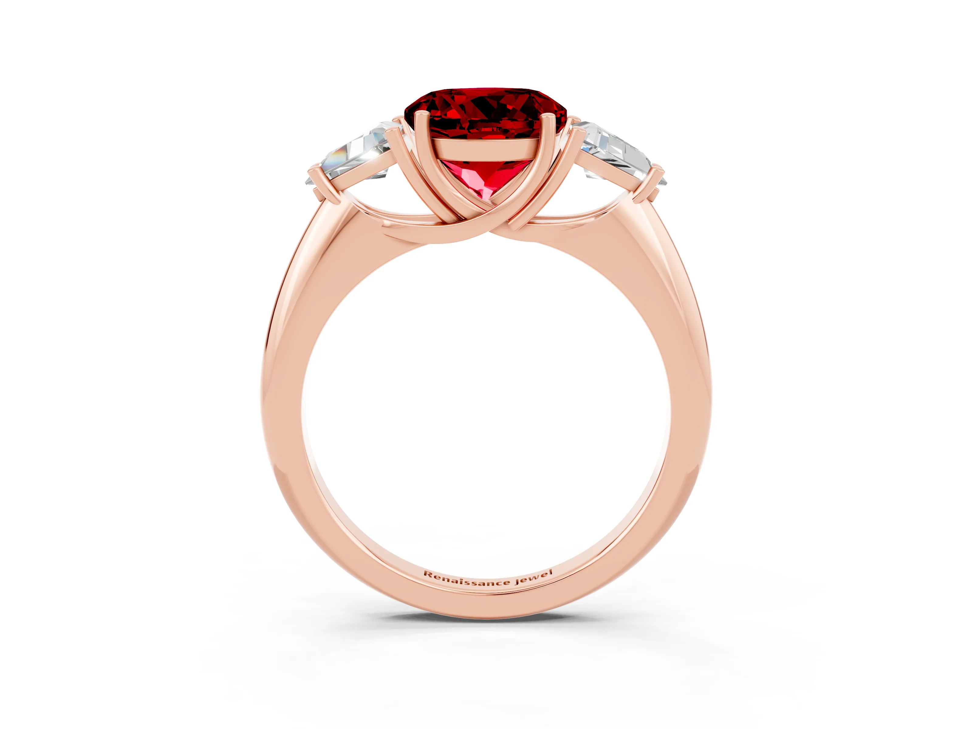 Rose gold Three-Stone Round Cut Cut Diamond Ring with Trillion Side Stones and Four-Prong Setting_3