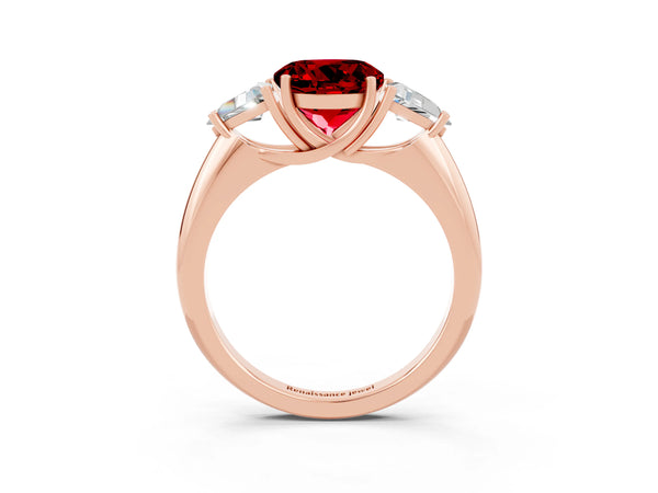 Rose gold Three-Stone Round Cut Ruby Engagement Ring with Trillion Side Stones and Prong Setting
