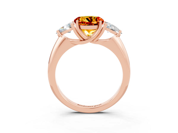 Rose gold Three-Stone Round Cut Citrine Engagement Ring with Trillion Side Stones and Prong Setting