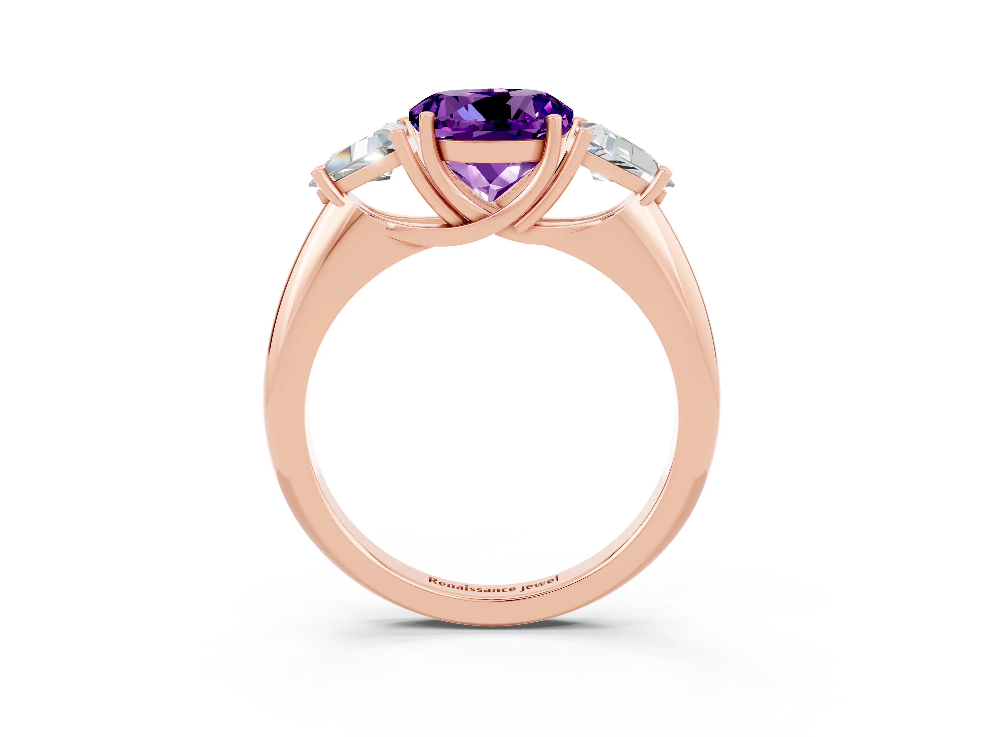 Rose gold Three-Stone Round Cut Cut Diamond Ring with Trillion Side Stones and Four-Prong Setting_3