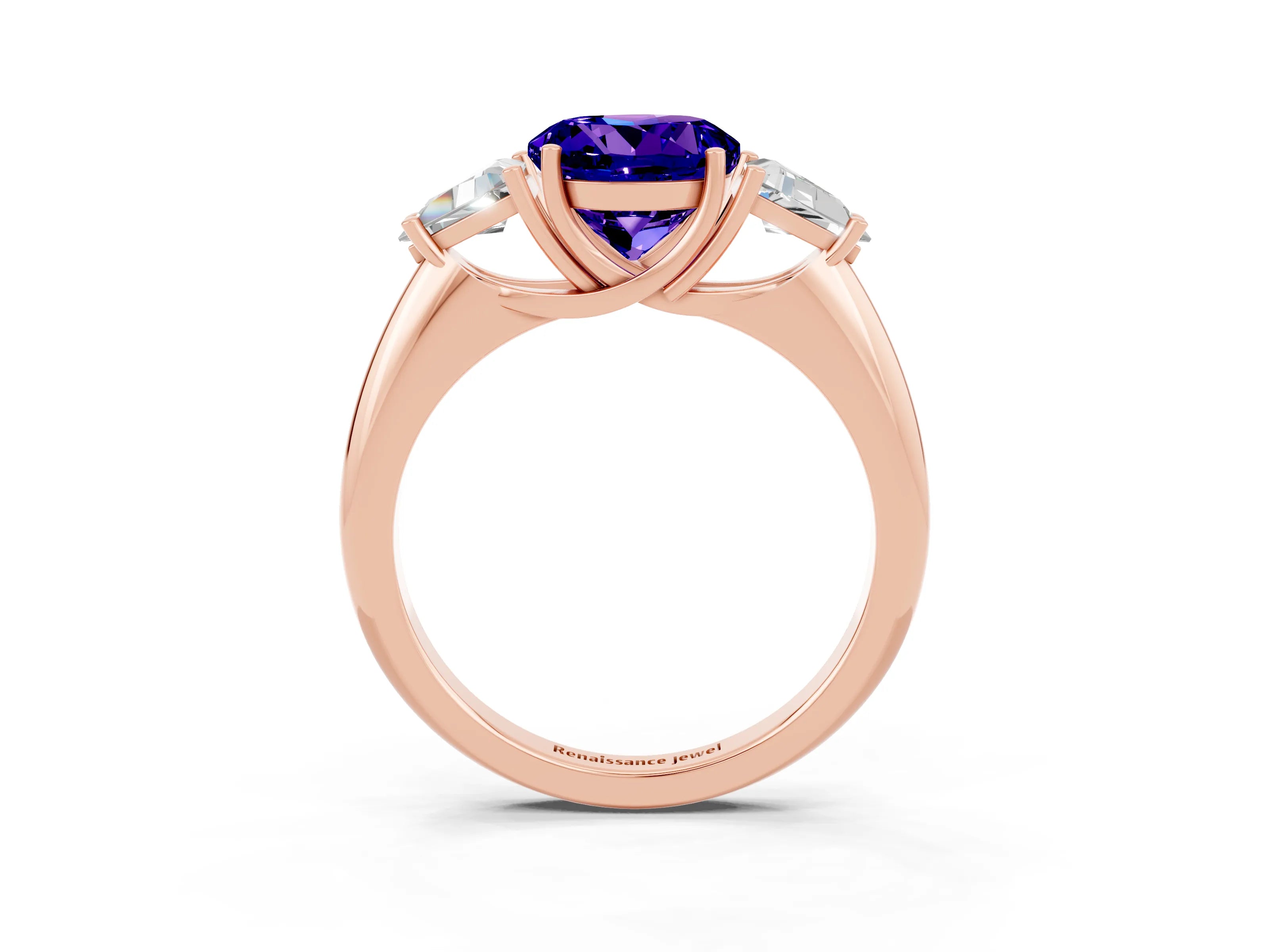 Rose gold Three-Stone Round Cut Cut Diamond Ring with Trillion Side Stones and Four-Prong Setting_3
