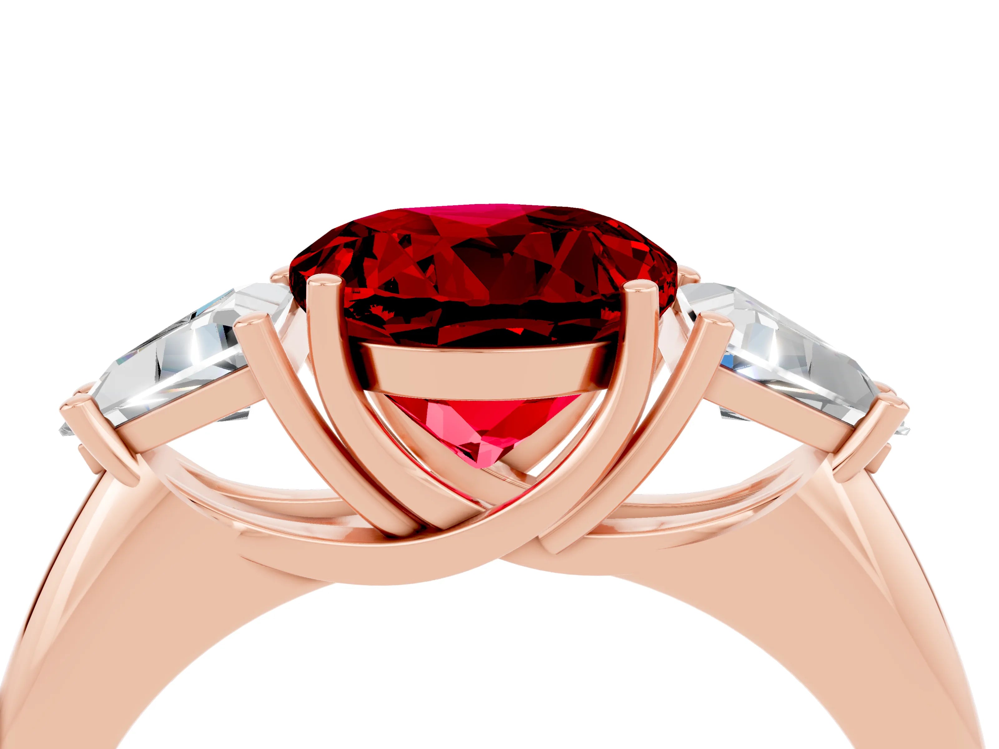 Rose gold Three-Stone Round Cut Cut Diamond Ring with Trillion Side Stones and Four-Prong Setting_4