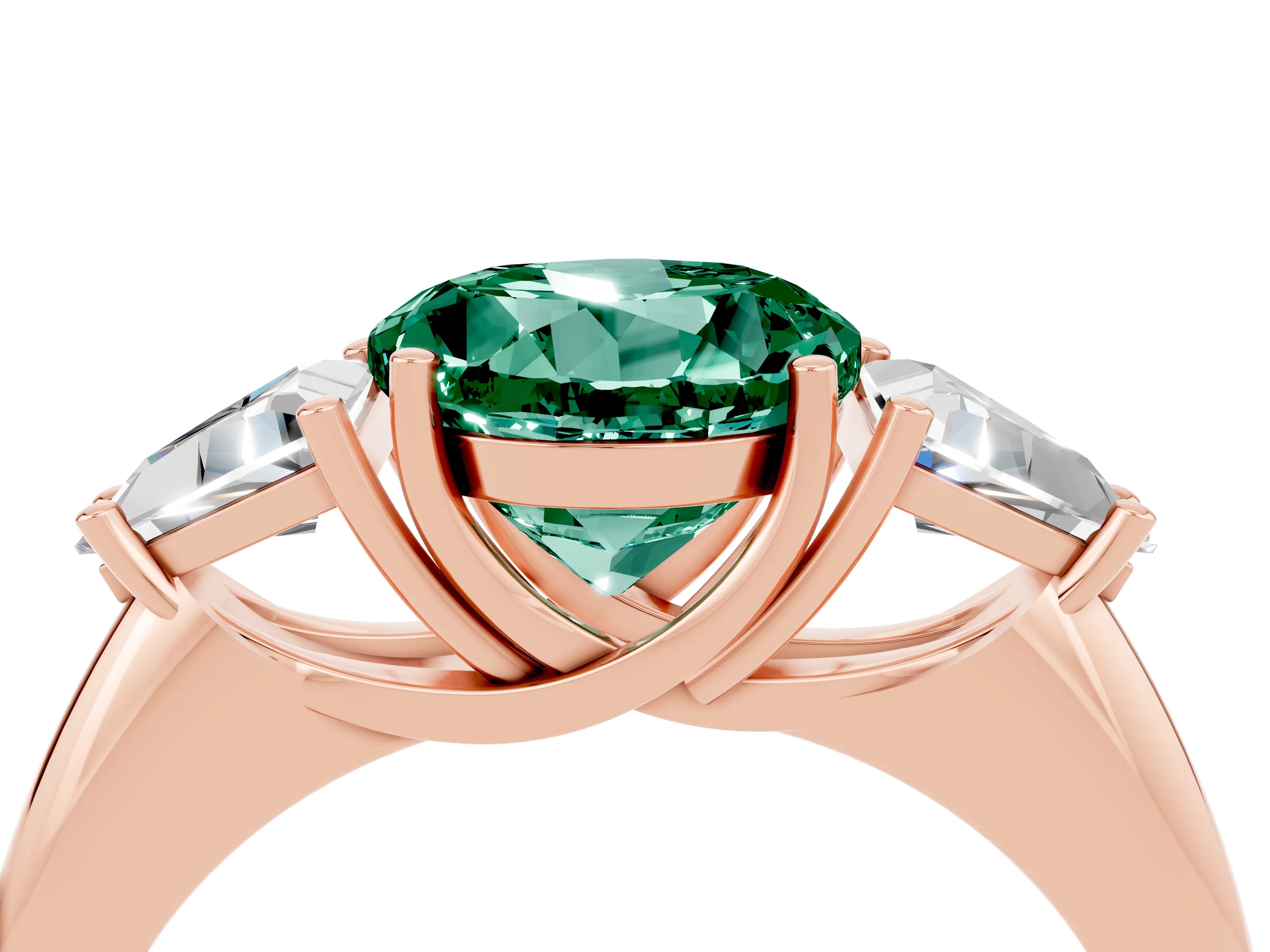 Rose gold Three-Stone Round Cut Cut Diamond Ring with Trillion Side Stones and Four-Prong Setting_4