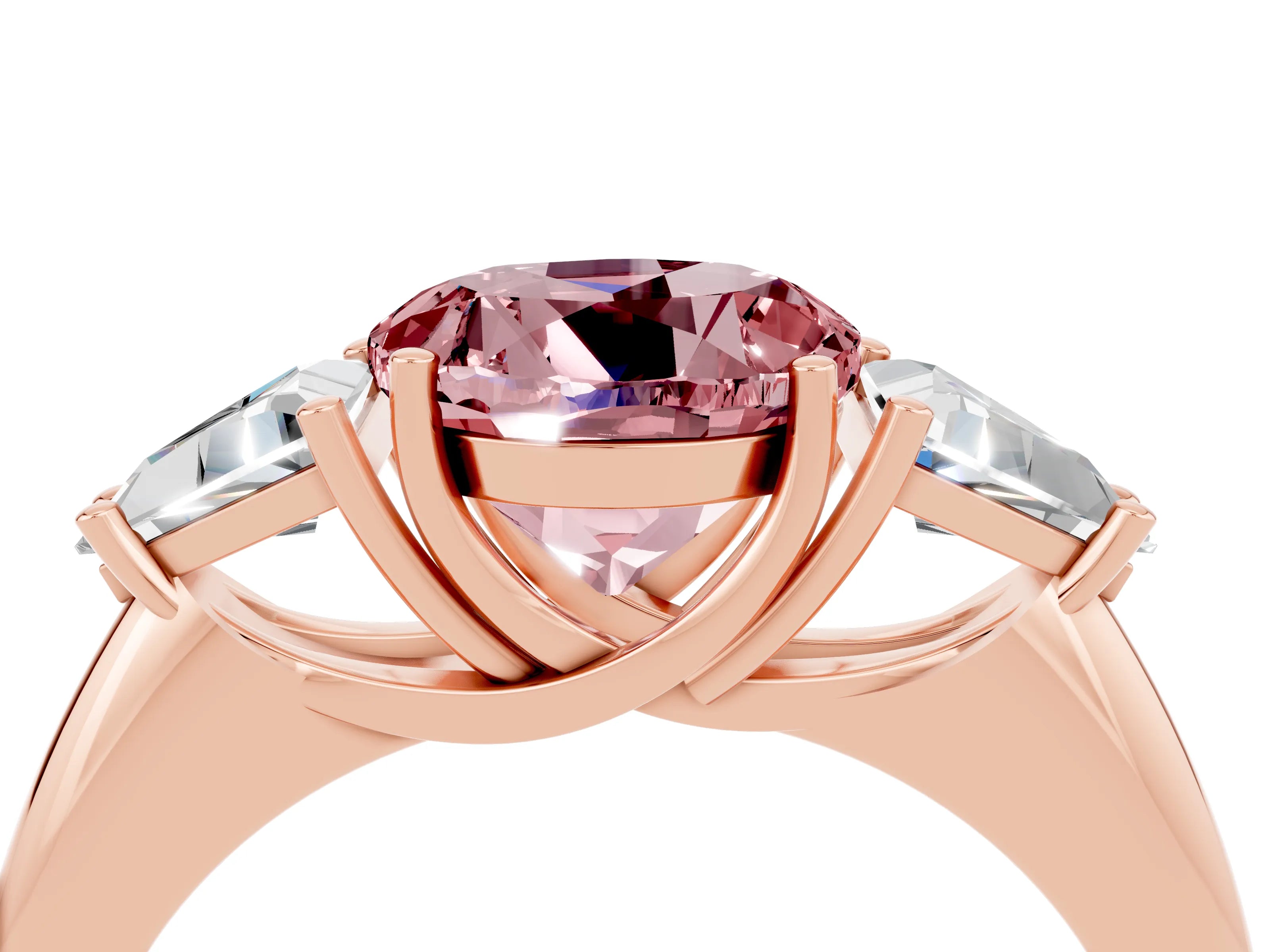 Rose gold Three-Stone Round Cut Cut Diamond Ring with Trillion Side Stones and Four-Prong Setting_4