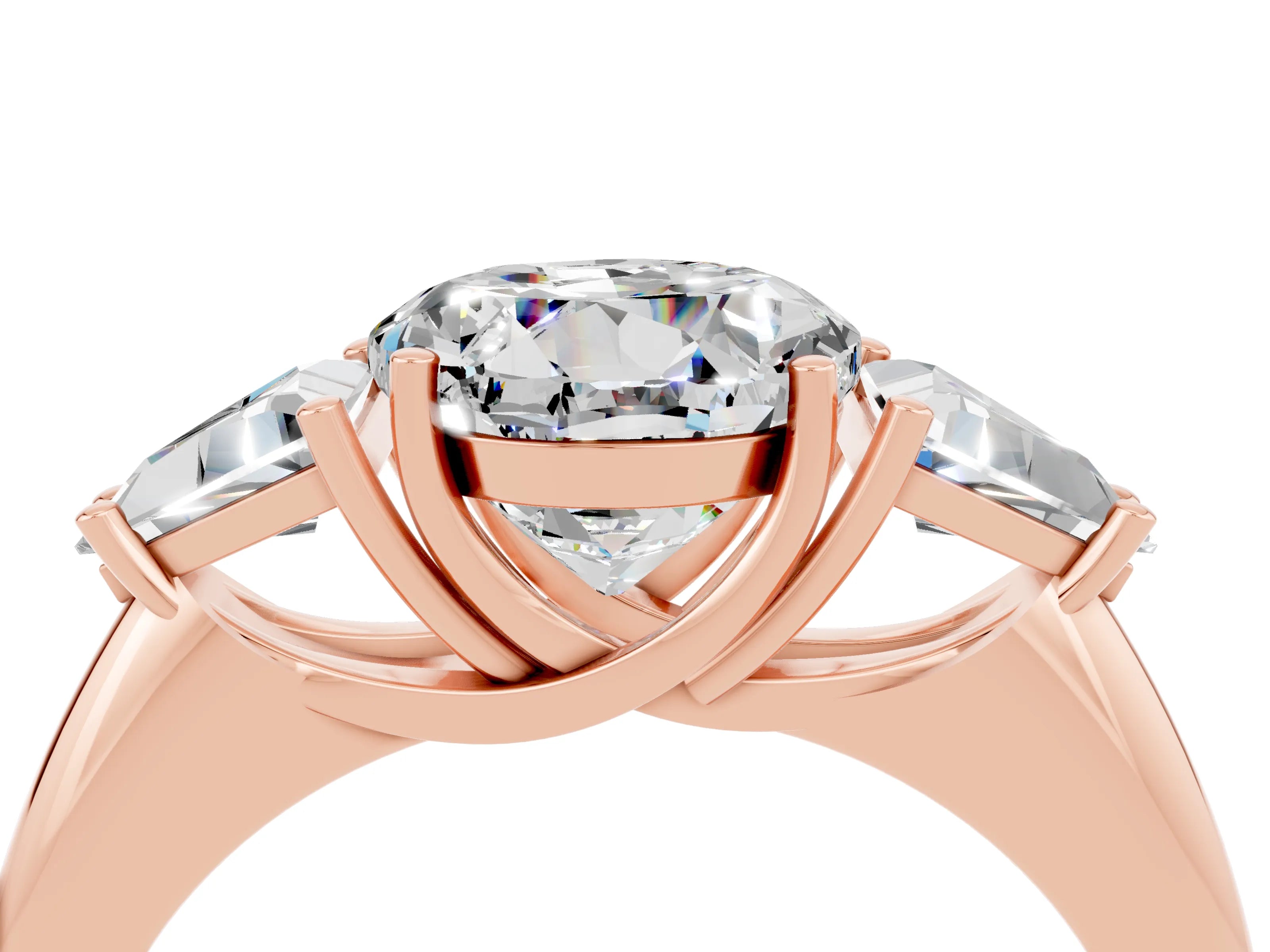 Rose gold Three-Stone Round Cut Cut Diamond Ring with Trillion Side Stones and Four-Prong Setting_4