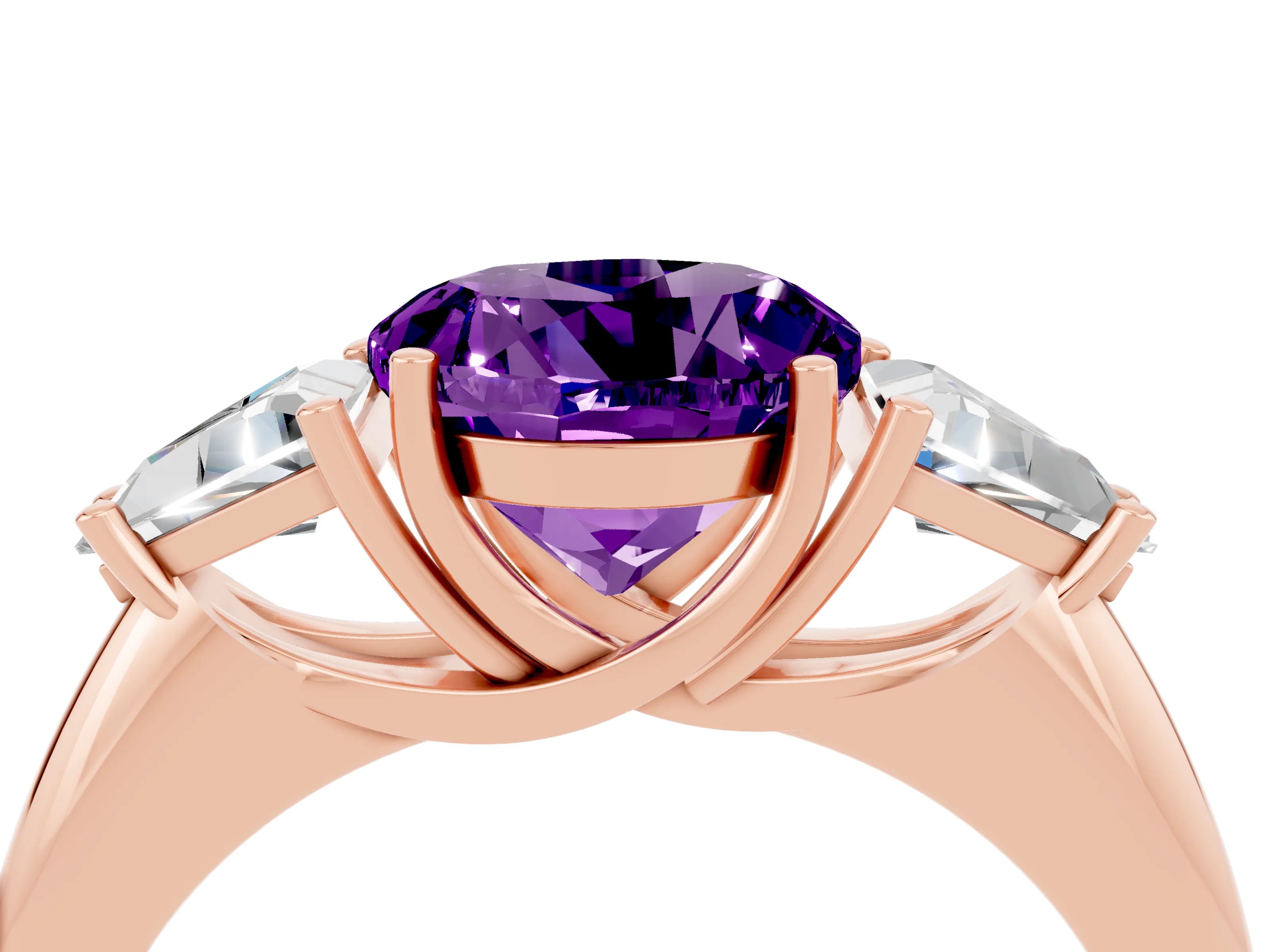 Rose gold Three-Stone Round Cut Cut Diamond Ring with Trillion Side Stones and Four-Prong Setting_4