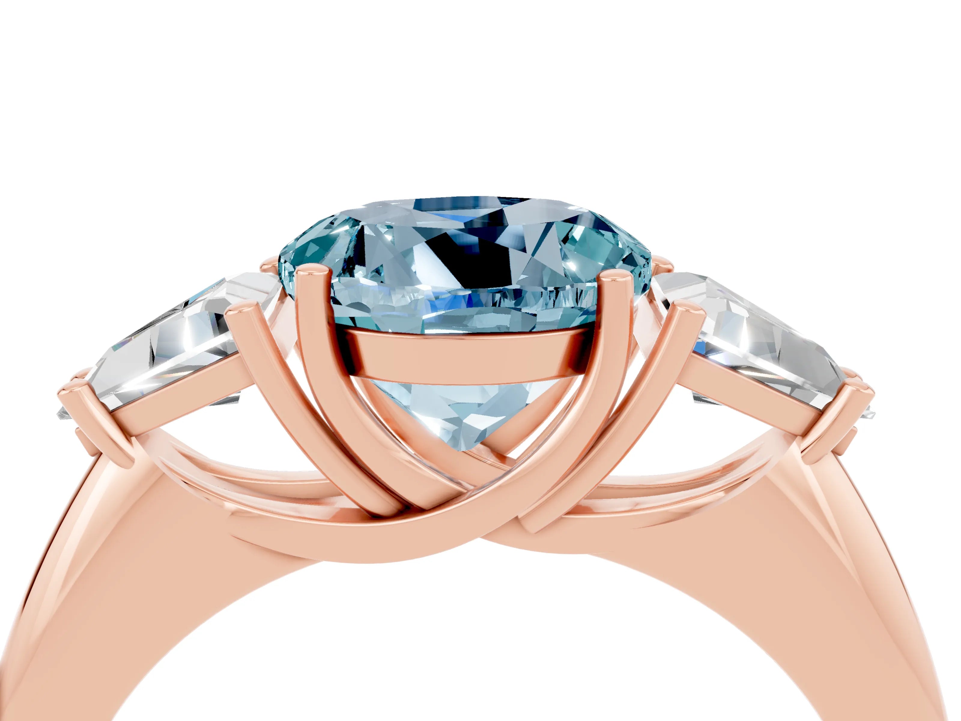 Rose gold Three-Stone Round Cut Cut Diamond Ring with Trillion Side Stones and Four-Prong Setting_4