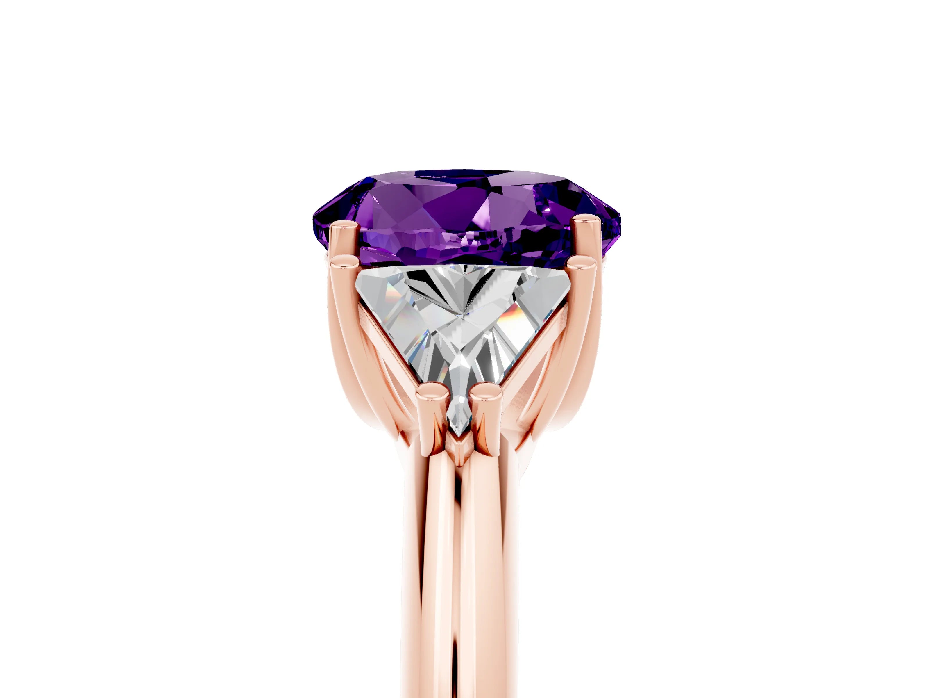 Rose gold Three-Stone Round Cut Cut Diamond Ring with Trillion Side Stones and Four-Prong Setting_5