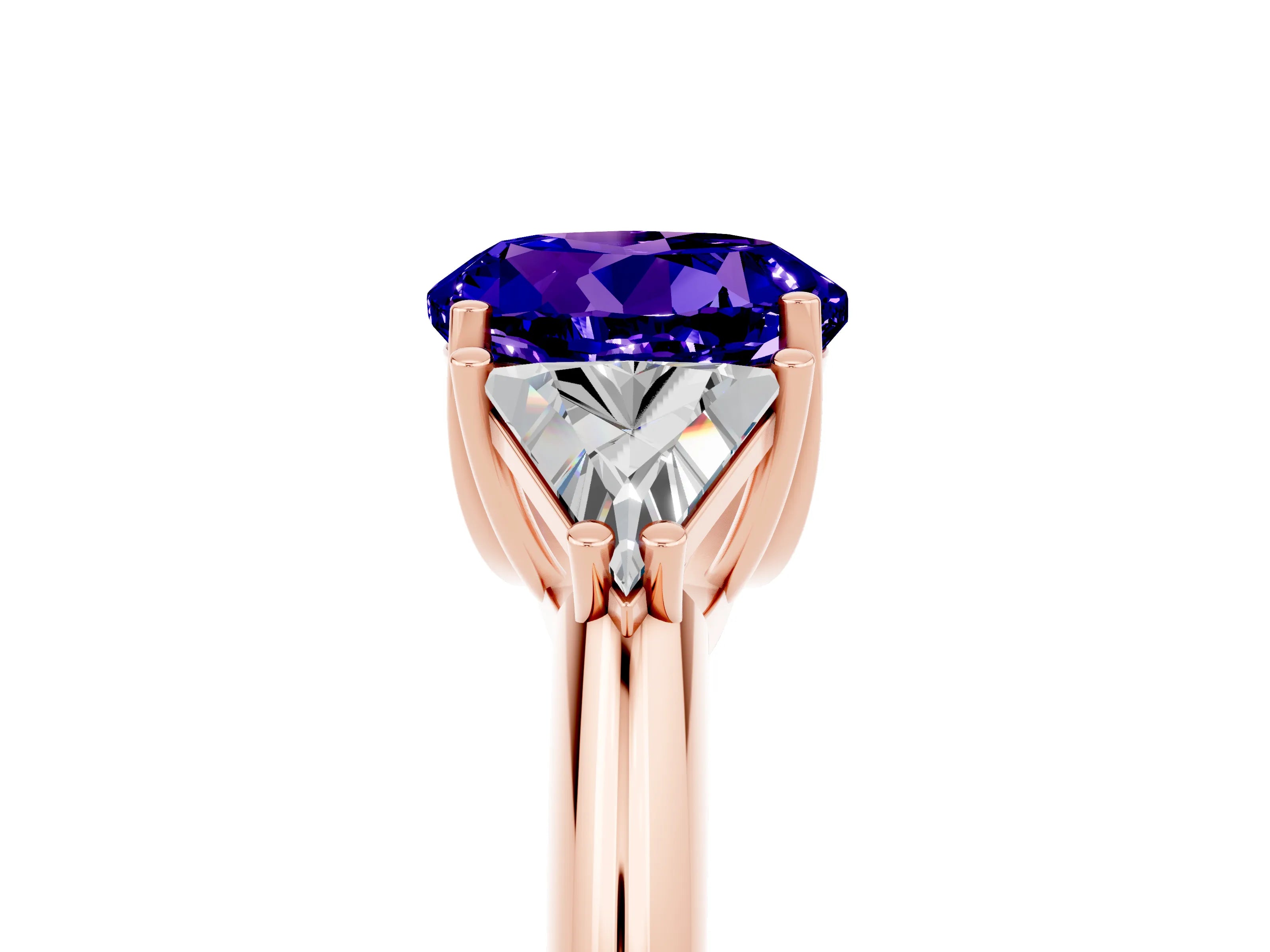 Rose gold Three-Stone Round Cut Cut Diamond Ring with Trillion Side Stones and Four-Prong Setting_5