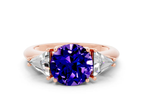 Rose gold Three-Stone Round Cut Cut Diamond Ring with Trillion Side Stones and Four-Prong Setting