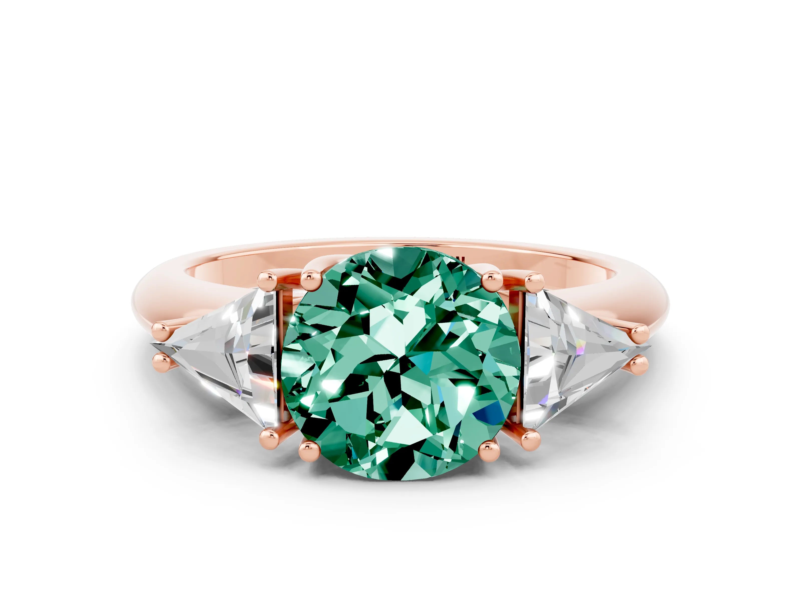 Rose gold Three-Stone Round Cut Cut Diamond Ring with Trillion Side Stones and Four-Prong Setting