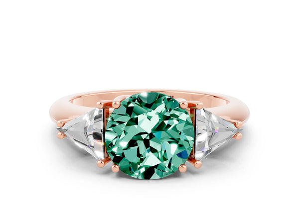 Rose gold Three-Stone Round Cut Green Sapphire Engagement Ring with Trillion Side Stones and Prong Setting