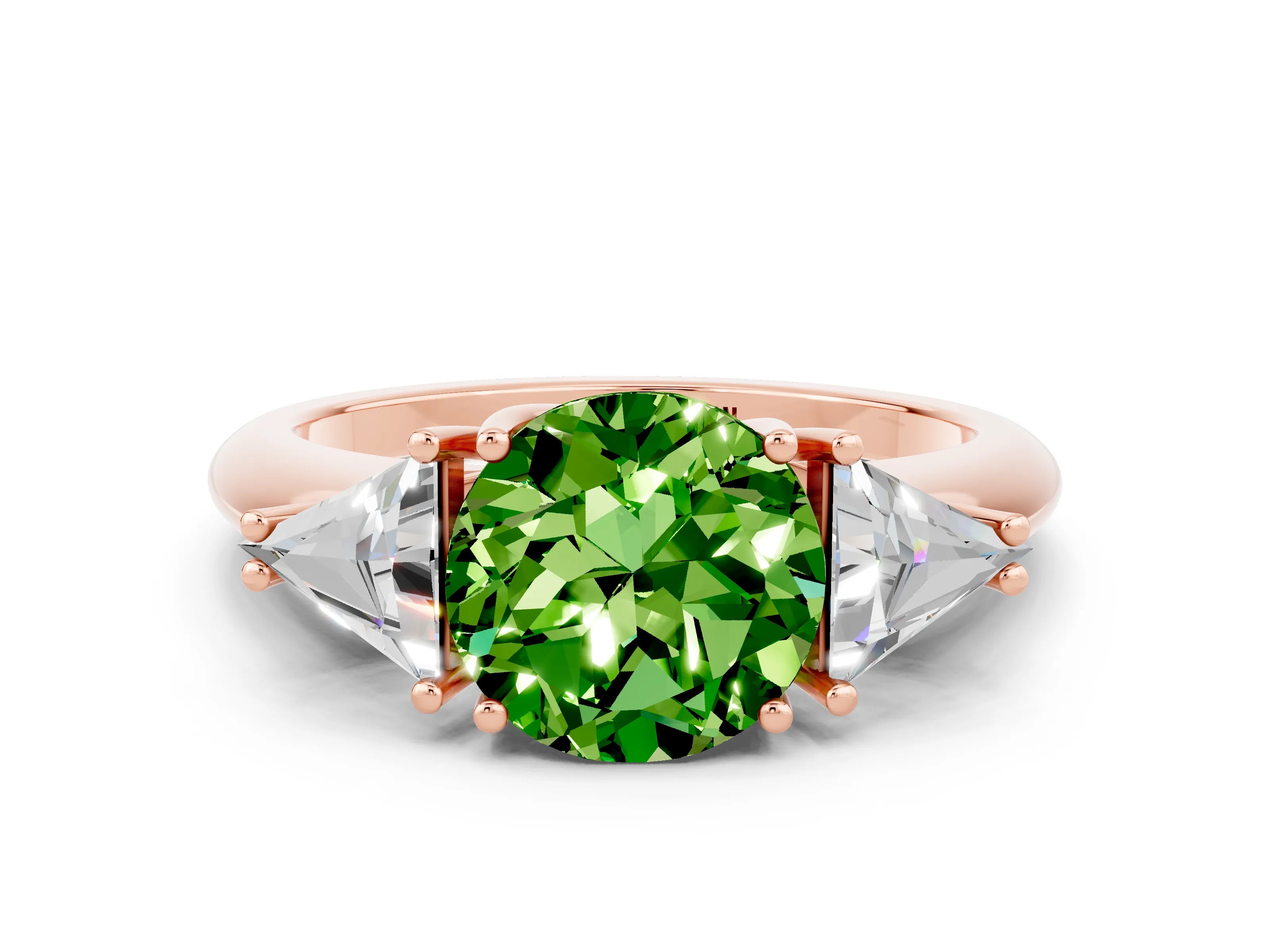 Rose gold Three-Stone Round Cut Cut Diamond Ring with Trillion Side Stones and Four-Prong Setting