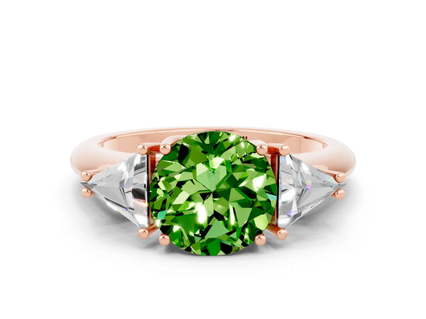 Rose gold Three-Stone Round Cut Cut Diamond Ring with Trillion Side Stones and Four-Prong Setting