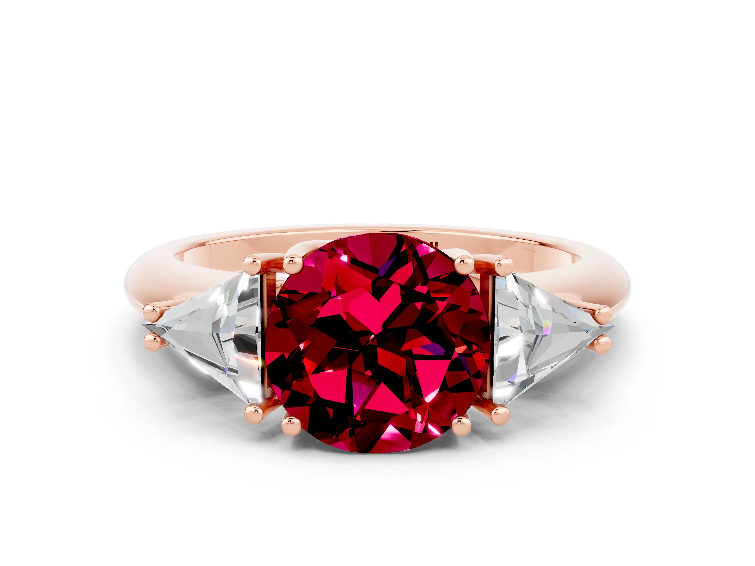 Rose gold Three-Stone Round Cut Cut Diamond Ring with Trillion Side Stones and Four-Prong Setting