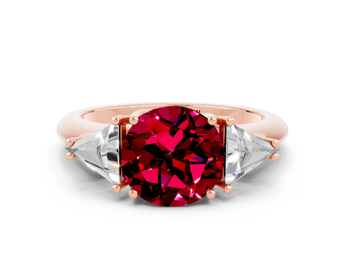 Rose gold Three-Stone Round Cut Cut Diamond Ring with Trillion Side Stones and Four-Prong Setting