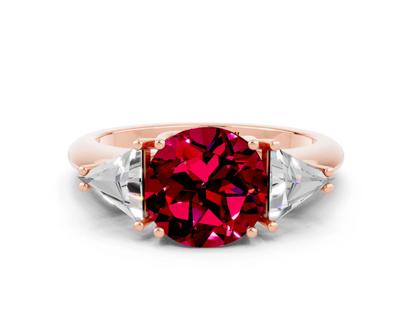 Rose gold Three-Stone Round Cut Garnet Engagement Ring with Trillion Side Stones and Prong Setting