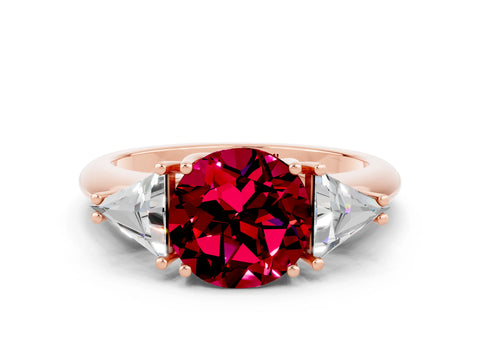 Rose gold Three-Stone Round Cut Cut Diamond Ring with Trillion Side Stones and Four-Prong Setting