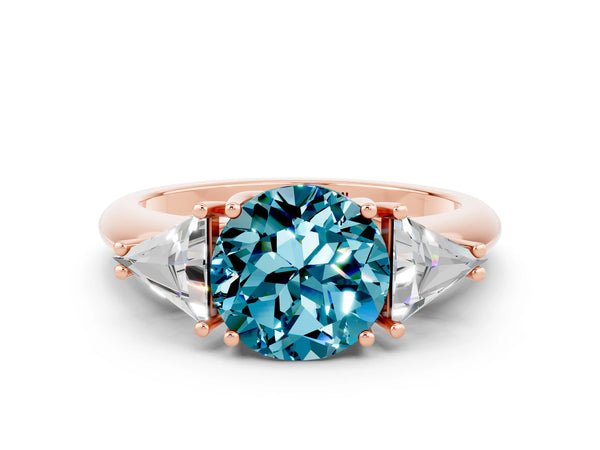 Rose gold Three-Stone Round Cut Cut Diamond Ring with Trillion Side Stones and Four-Prong Setting